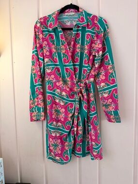 Intempo Vibrant Pink & Teal Wrap Dress w/silver buttons szSmall